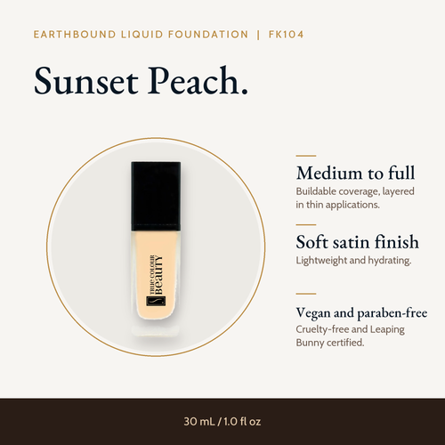 Earthbound Liquid Foundation bottle in Sunset Peach FK104 with key details: buildable coverage and a natural finish.