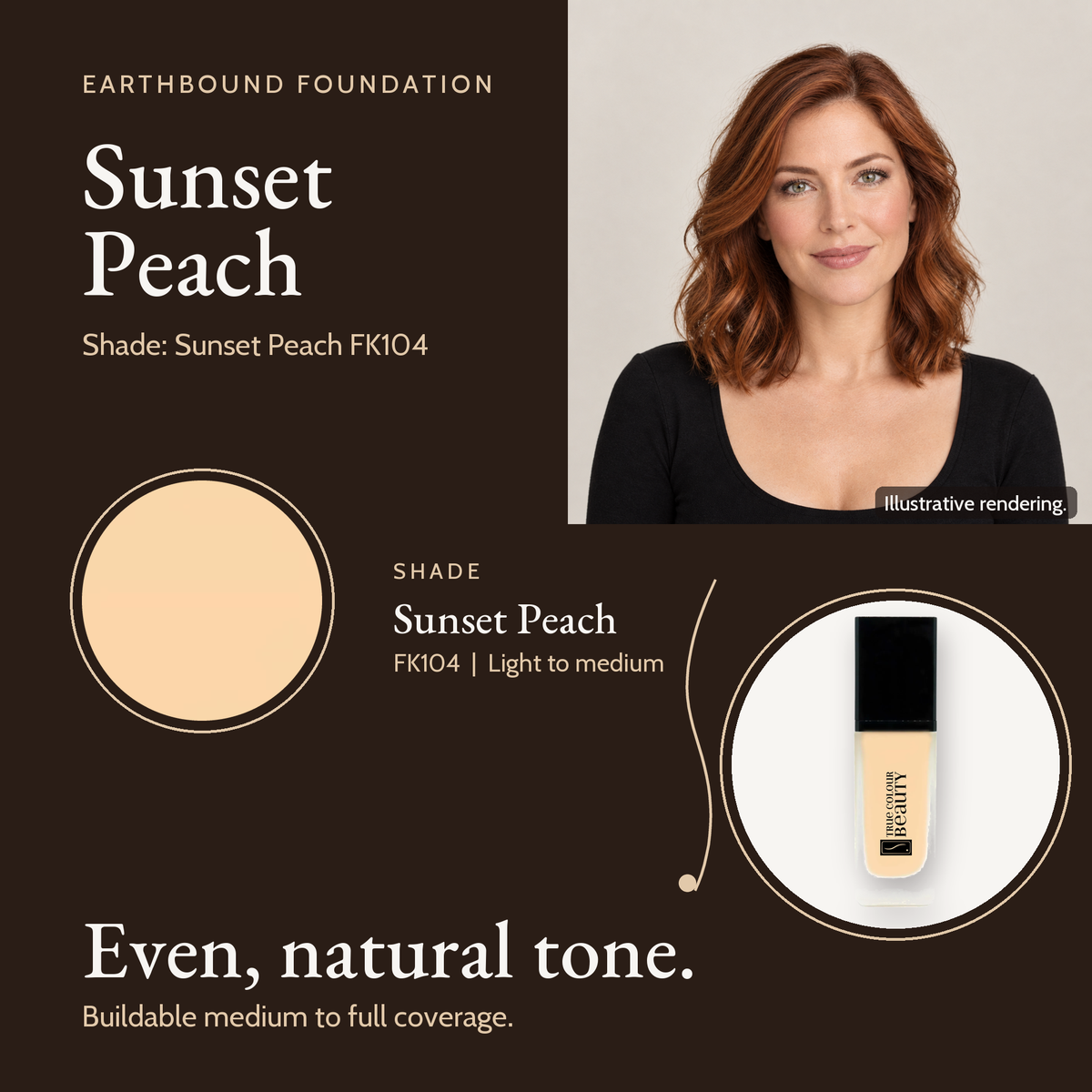 Sunset Peach FK104 shade card with a model photo, a color swatch and the Earthbound Liquid Foundation bottle.