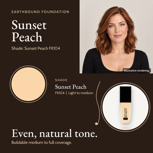 Sunset Peach FK104 shade card with a model photo, a color swatch and the Earthbound Liquid Foundation bottle.