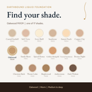 Earthbound Liquid Foundation shade guide with color swatches for all shades, Warm Cedar FK125 highlighted.