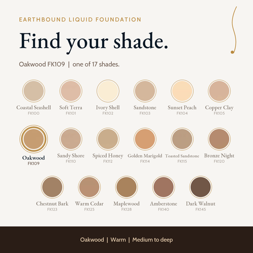 Earthbound Liquid Foundation shade guide with color swatches for all shades, Warm Cedar FK125 highlighted.