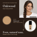 Oakwood FK109 shade card with a model photo, a color swatch and the Earthbound Liquid Foundation bottle.