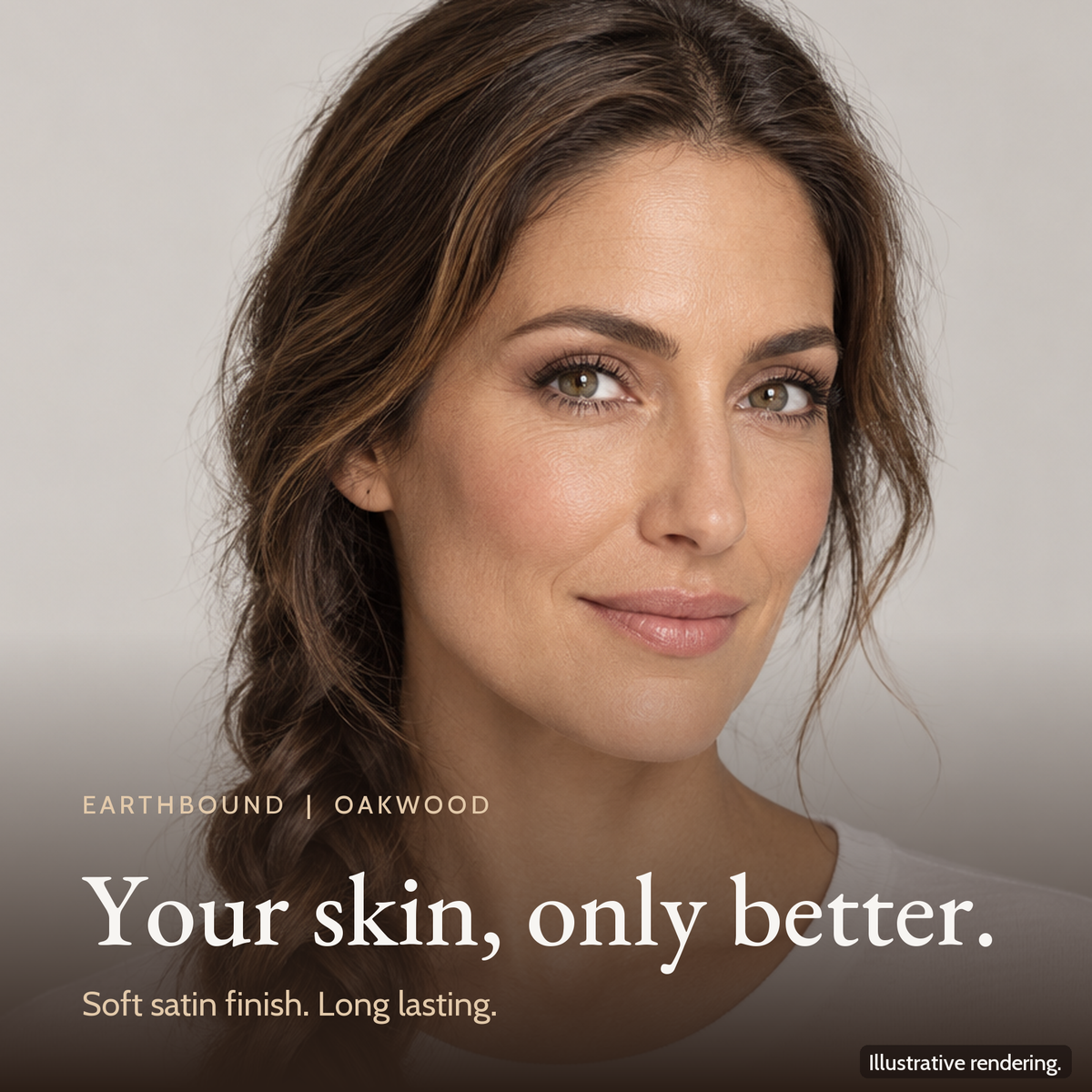 Close-up of a model's even, natural complexion wearing Earthbound Liquid Foundation in Oakwood FK109.