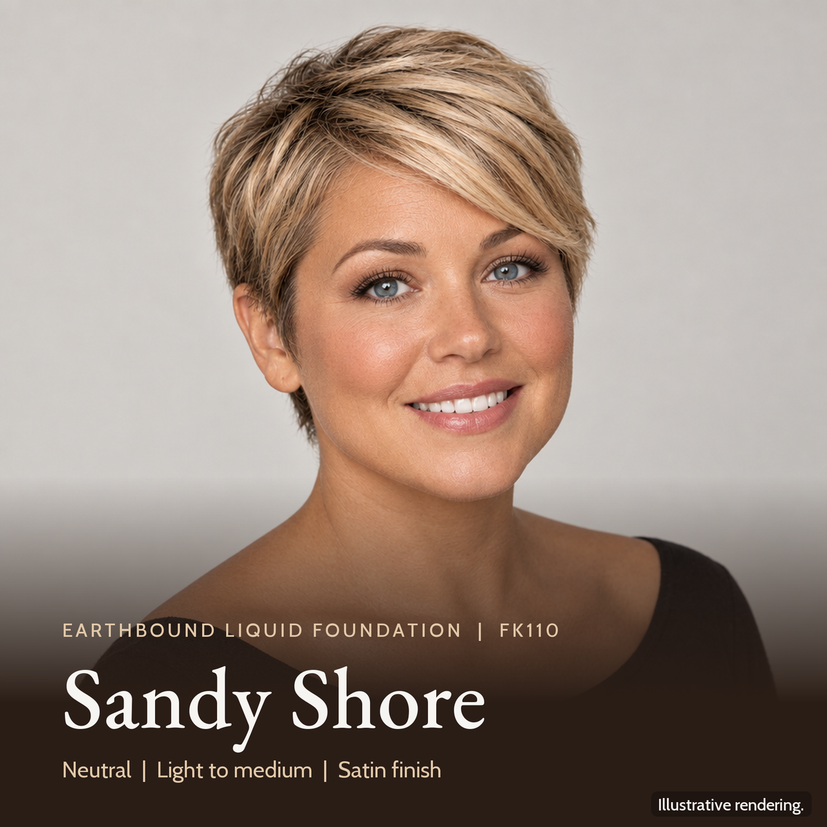 Model wearing Earthbound Liquid Foundation in Sandy Shore FK110 for an even, natural-looking complexion.
