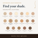 Earthbound Liquid Foundation shade guide with color swatches for all shades, Sandy Shore FK110 highlighted.