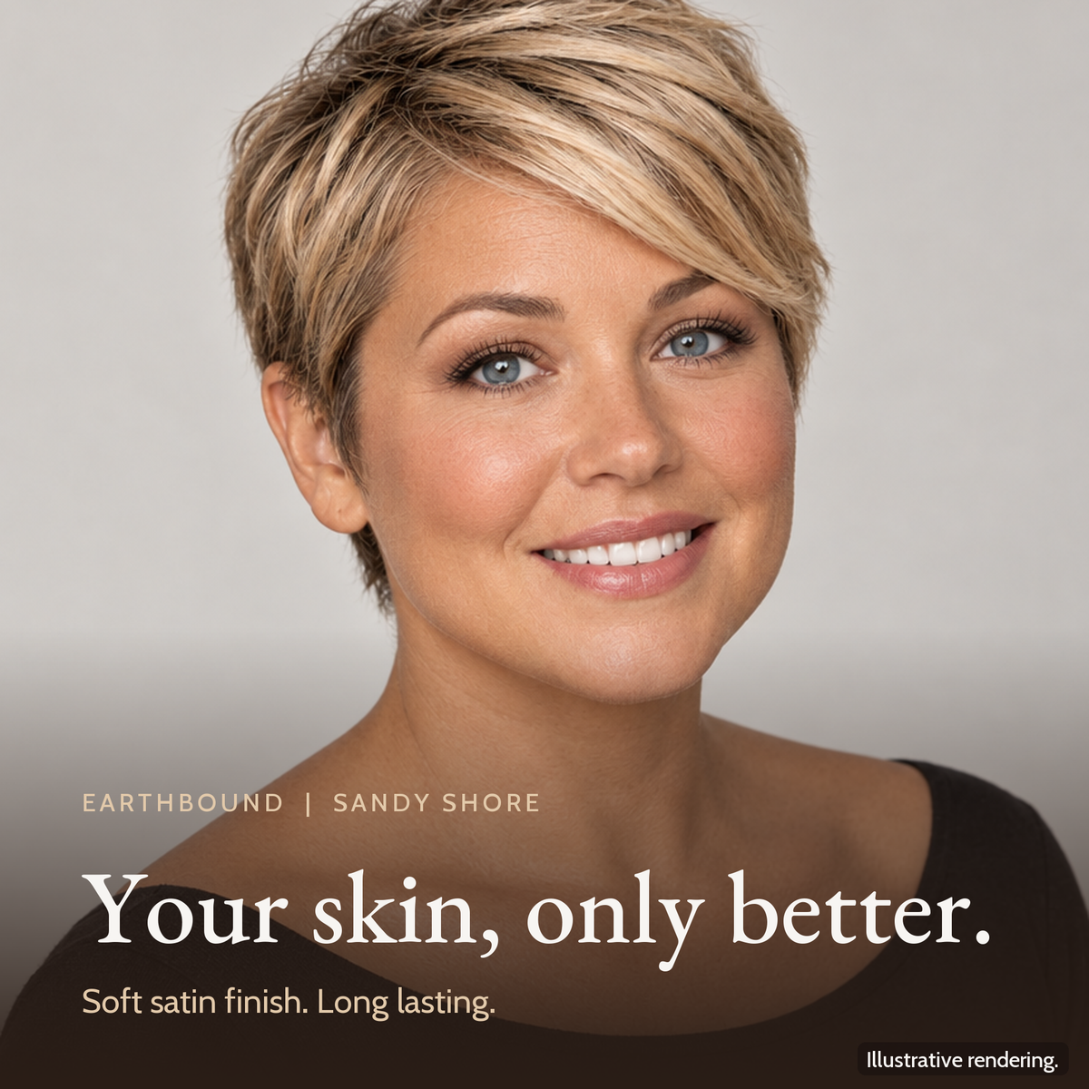 Close-up of a model's even, natural complexion wearing Earthbound Liquid Foundation in Sandy Shore FK110.