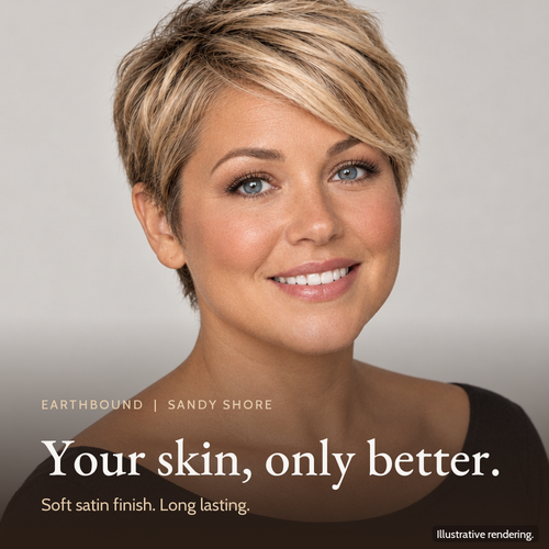 Close-up of a model's even, natural complexion wearing Earthbound Liquid Foundation in Sandy Shore FK110.