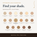 Earthbound Liquid Foundation shade guide with color swatches for all shades, Oakwood FK109 highlighted.