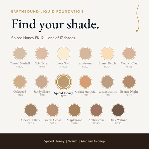 Earthbound Liquid Foundation shade guide with color swatches for all shades, Oakwood FK109 highlighted.