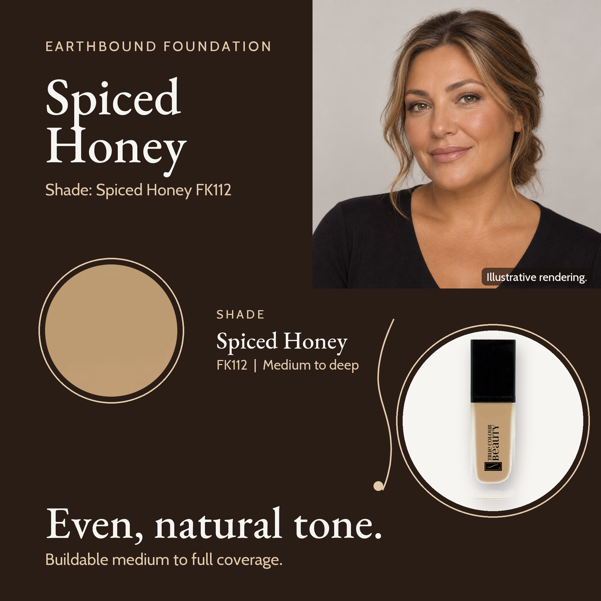 Spiced Honey FK112 shade card with a model photo, a color swatch and the Earthbound Liquid Foundation bottle.