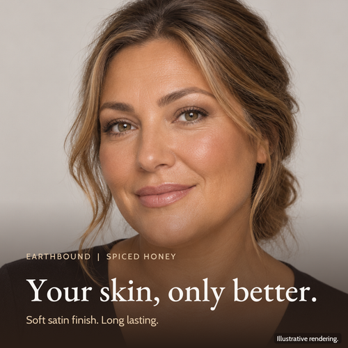 Close-up of a model's even, natural complexion wearing Earthbound Liquid Foundation in Spiced Honey FK112.