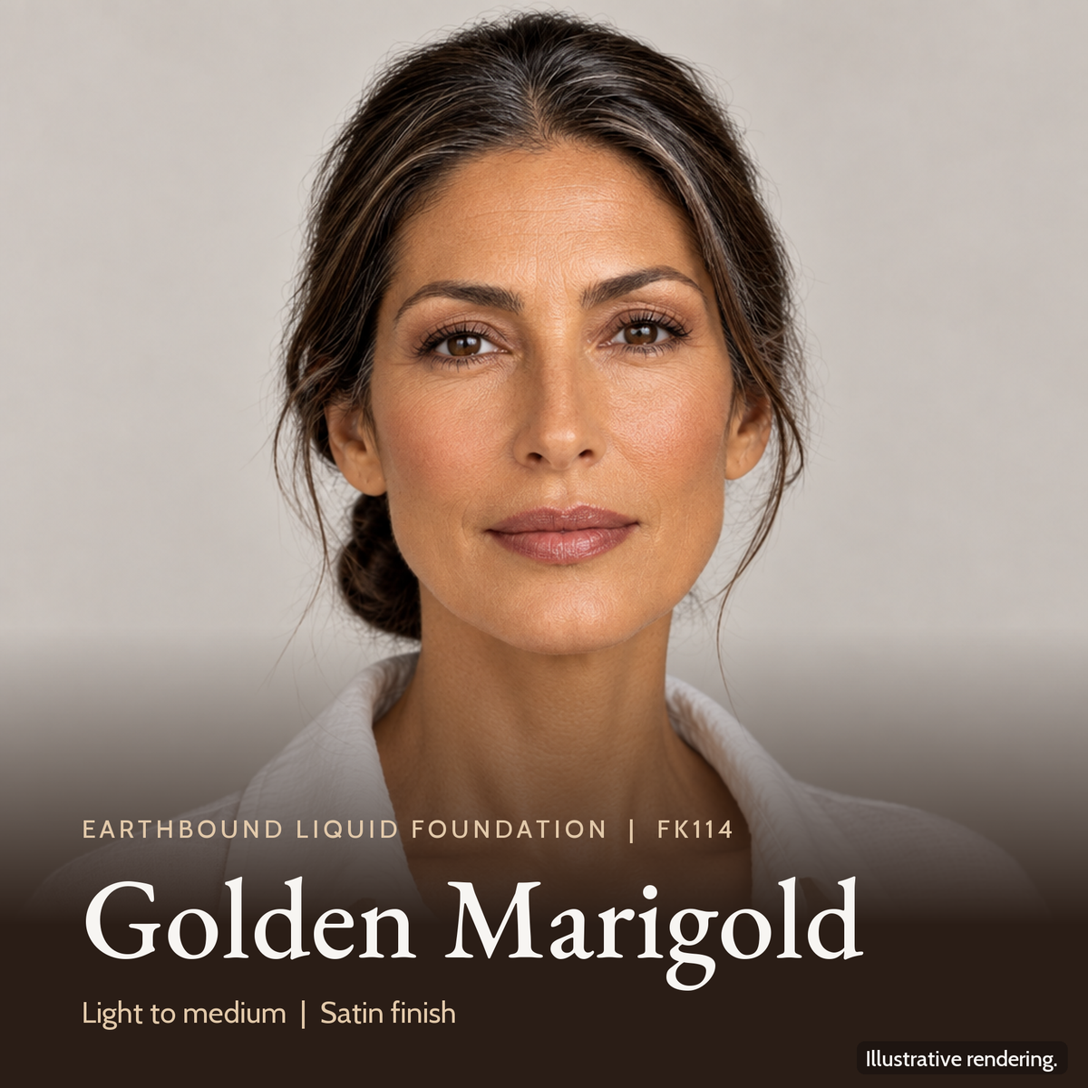 Model wearing Earthbound Liquid Foundation in Golden Marigold FK114 for an even, natural-looking complexion.