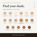 Earthbound Liquid Foundation shade guide with color swatches for all shades, Golden Marigold FK114 highlighted.