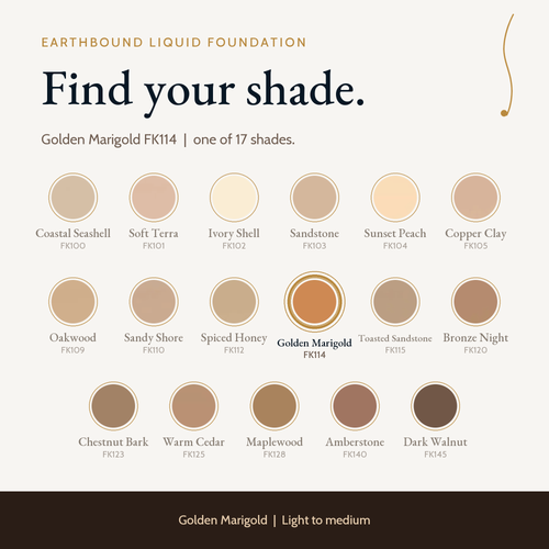 Earthbound Liquid Foundation shade guide with color swatches for all shades, Golden Marigold FK114 highlighted.