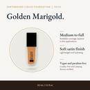 Earthbound Liquid Foundation bottle in Golden Marigold FK114 with key details: buildable coverage and a natural finish.