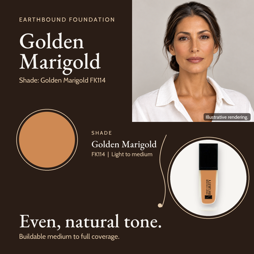 Golden Marigold FK114 shade card with a model photo, a color swatch and the Earthbound Liquid Foundation bottle.