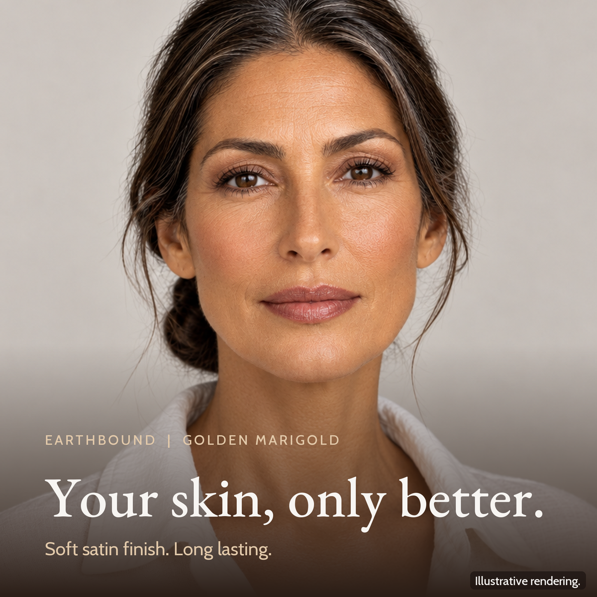 Close-up of a model's even, natural complexion wearing Earthbound Liquid Foundation in Golden Marigold FK114.