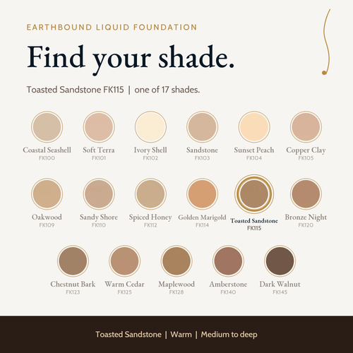 Earthbound Liquid Foundation shade guide with color swatches for all shades, Toasted Sandstone FK115 highlighted.