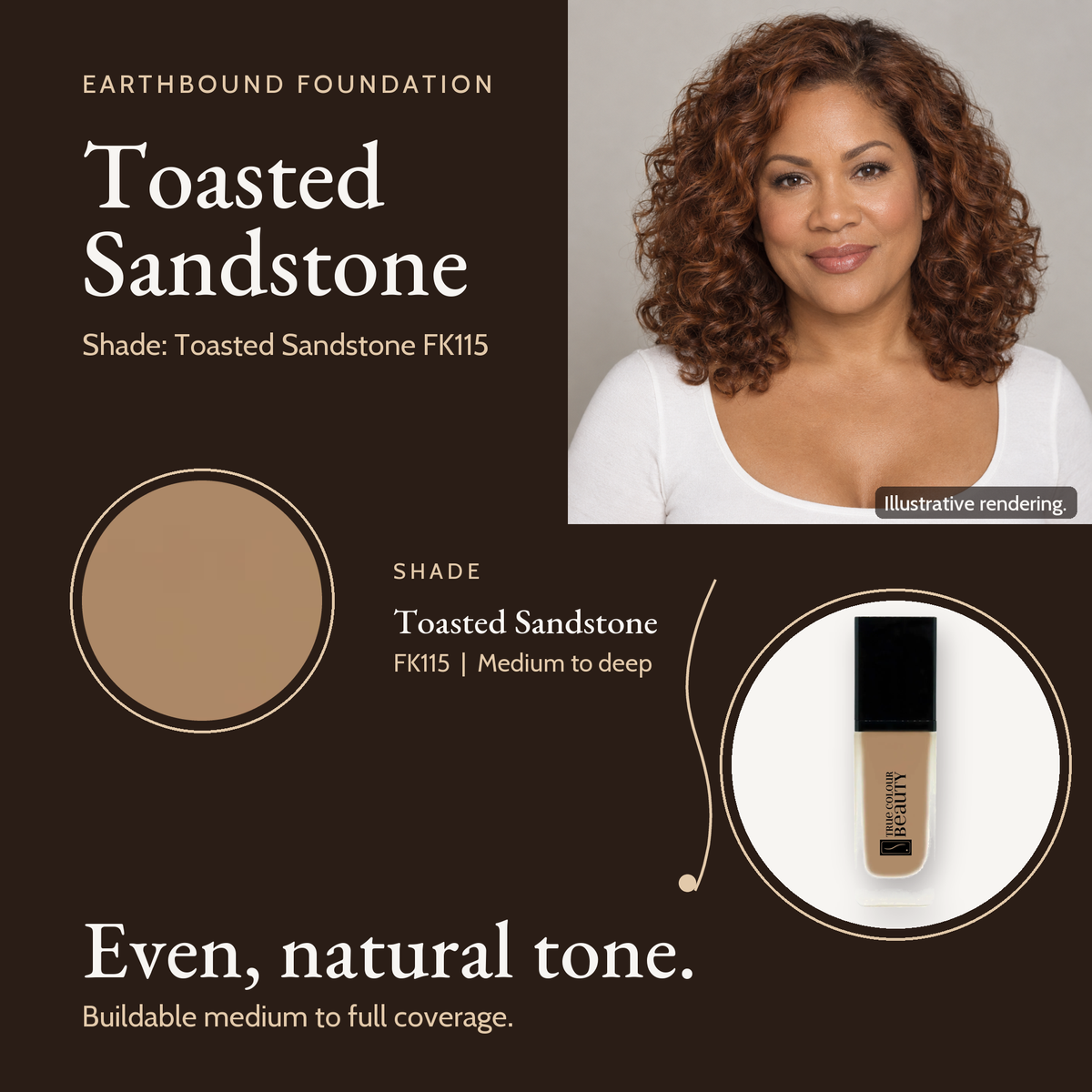 Toasted Sandstone FK115 shade card with a model photo, a color swatch and the Earthbound Liquid Foundation bottle.