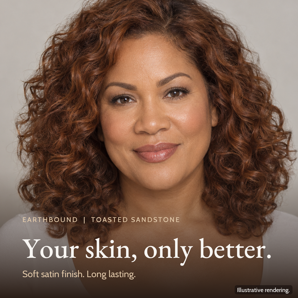 Close-up of a model's even, natural complexion wearing Earthbound Liquid Foundation in Toasted Sandstone FK115.