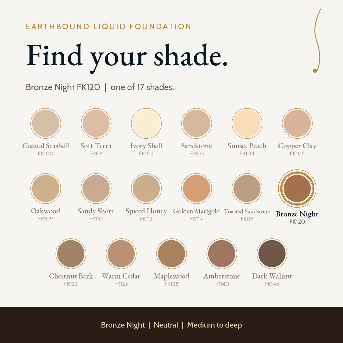 Bronze Night FK120 shade card with a model photo, a color swatch and the Earthbound Liquid Foundation bottle.