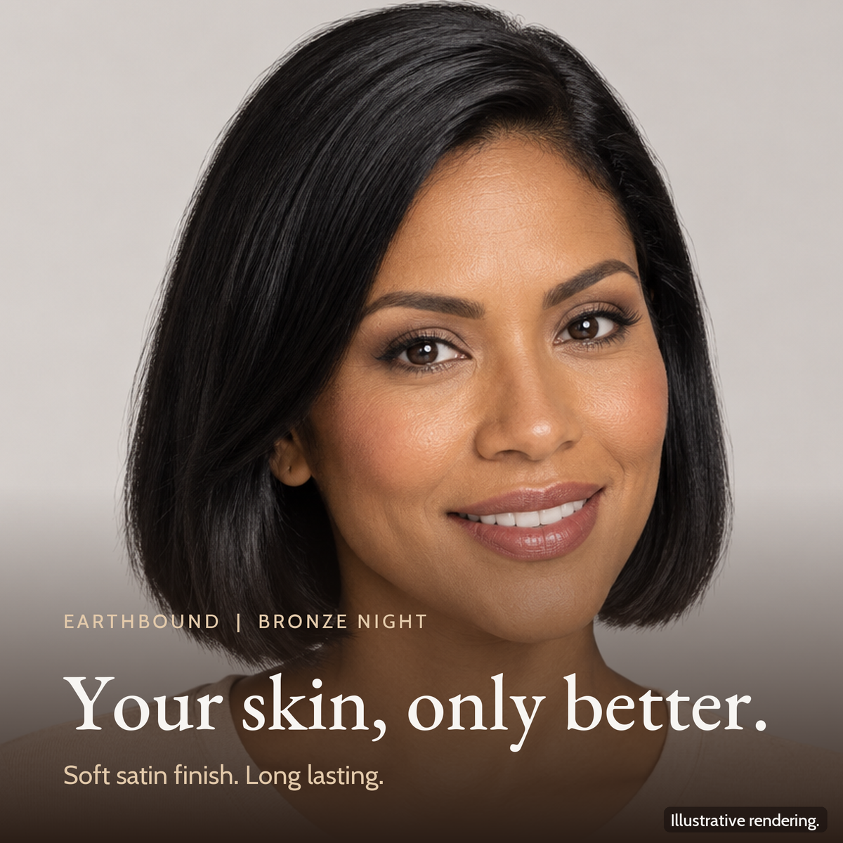 Close-up of a model's even, natural complexion wearing Earthbound Liquid Foundation in Bronze Night FK120.