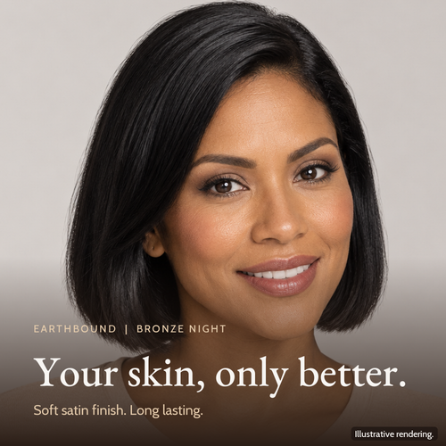 Close-up of a model's even, natural complexion wearing Earthbound Liquid Foundation in Bronze Night FK120.