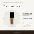Earthbound Liquid Foundation bottle in Chestnut Bark FK123 with key details: buildable coverage and a natural finish.
