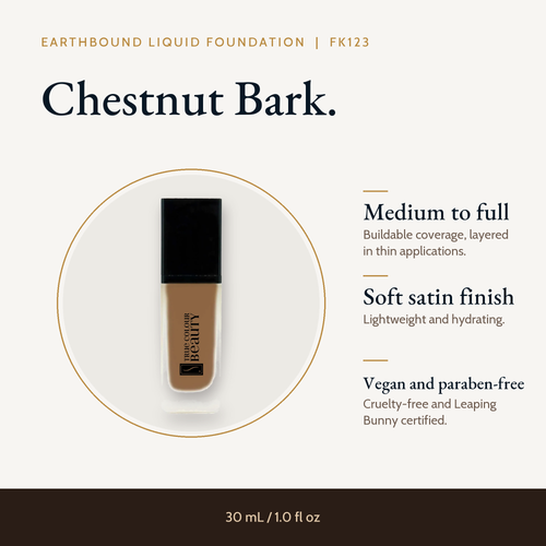 Earthbound Liquid Foundation bottle in Chestnut Bark FK123 with key details: buildable coverage and a natural finish.