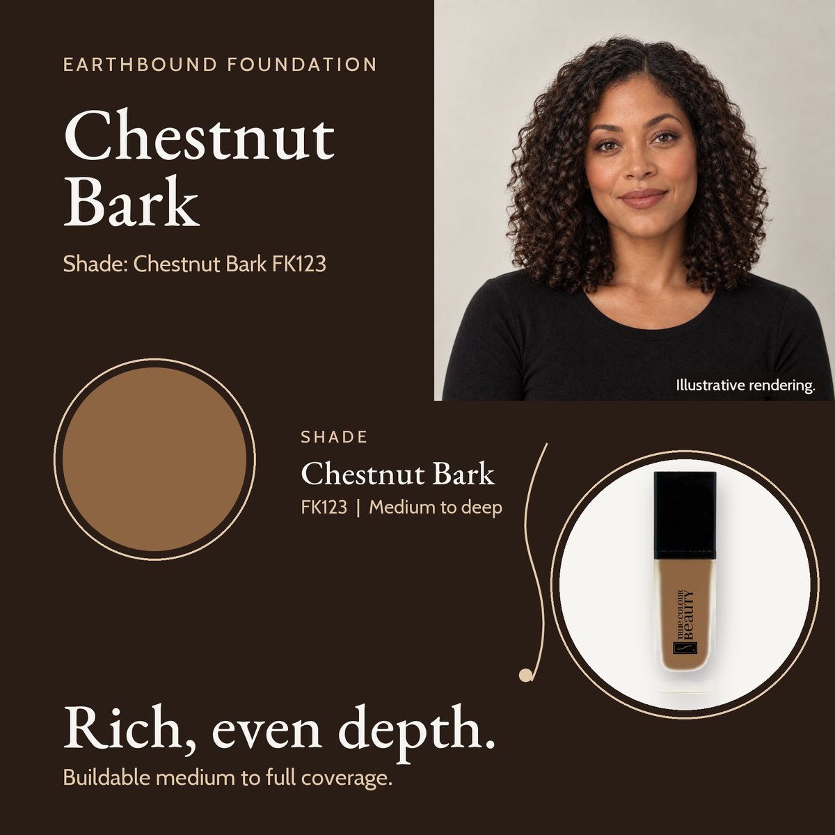 Chestnut Bark FK123 shade card with a model photo, a color swatch and the Earthbound Liquid Foundation bottle.