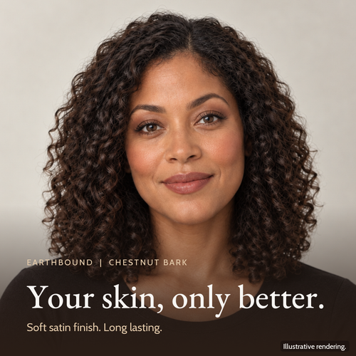 Close-up of a model's even, natural complexion wearing Earthbound Liquid Foundation in Chestnut Bark FK123.