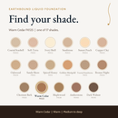 Warm Cedar FK125 shade card with a model photo, a color swatch and the Earthbound Liquid Foundation bottle.