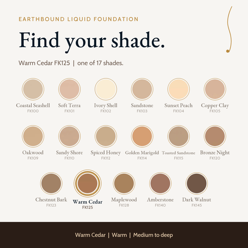 Warm Cedar FK125 shade card with a model photo, a color swatch and the Earthbound Liquid Foundation bottle.
