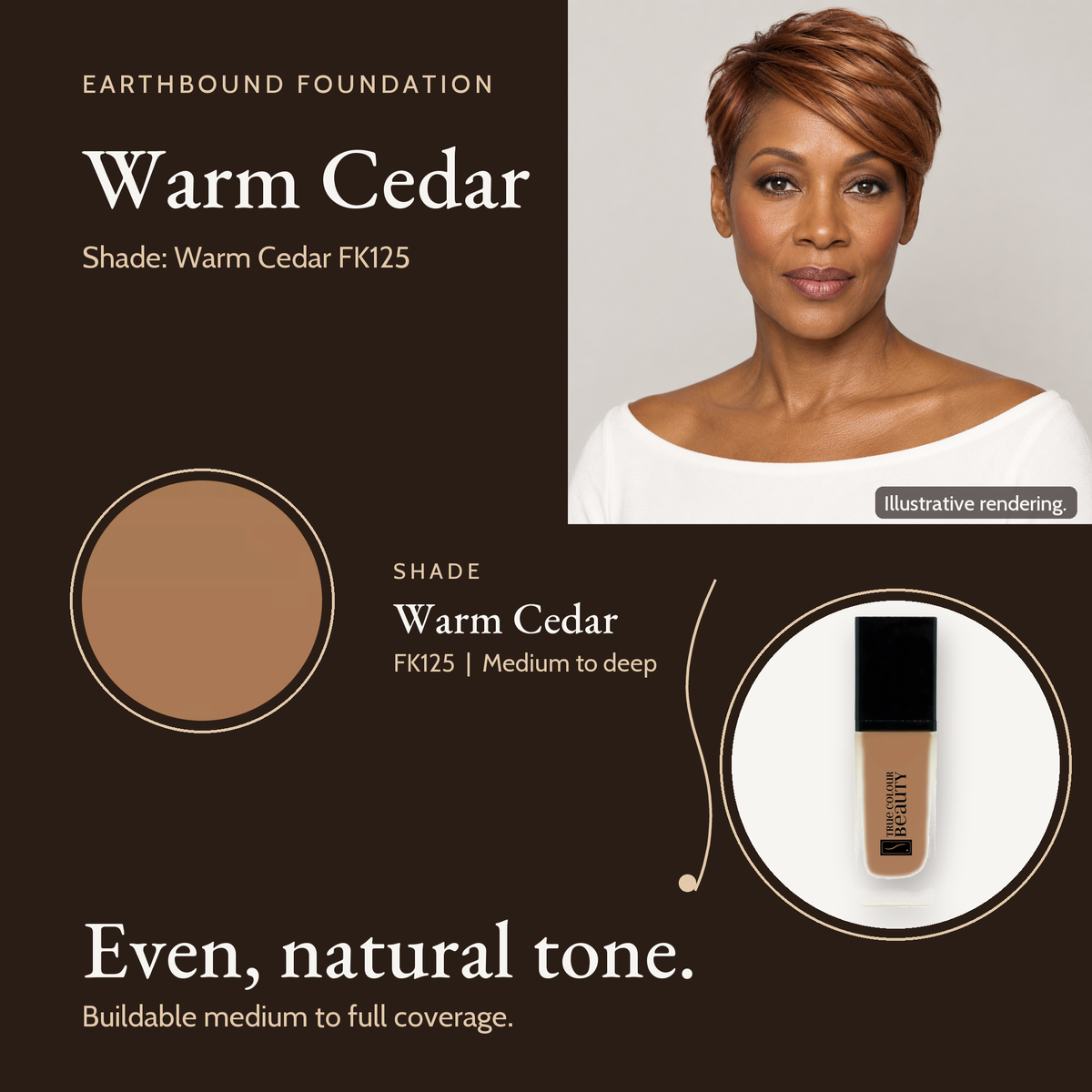 Warm Cedar FK125 shade card with a model photo, a color swatch and the Earthbound Liquid Foundation bottle.