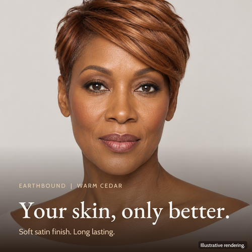 Close-up of a model's even, natural complexion wearing Earthbound Liquid Foundation in Warm Cedar FK125.