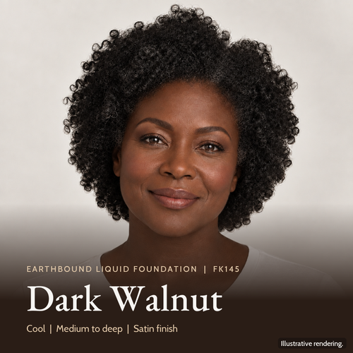 Dark Walnut FK145 shade card with a model photo, a color swatch and the Earthbound Liquid Foundation bottle.