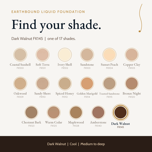 Earthbound Liquid Foundation shade guide with color swatches for all shades, Soft Terra FK101 highlighted.