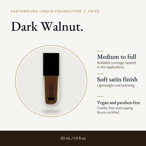 Earthbound Liquid Foundation bottle in Dark Walnut FK145 with key details: buildable coverage and a natural finish.