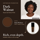 Dark Walnut FK145 shade card with a model photo, a color swatch and the Earthbound Liquid Foundation bottle.