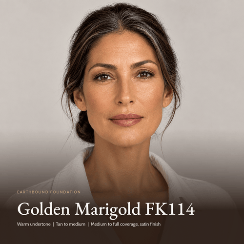 Model with Earthbound Liquid Foundation in Golden Marigold FK114
