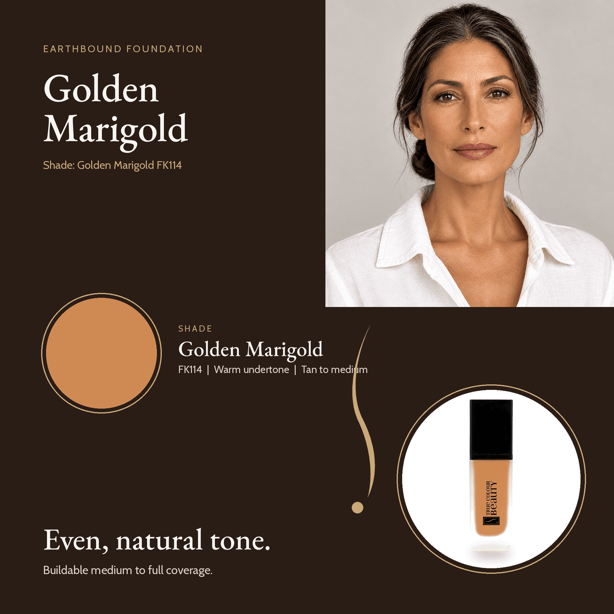 Earthbound Liquid Foundation Golden Marigold shade card with model
