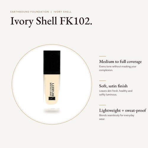 Earthbound Liquid Foundation Ivory Shell bottle with key benefits