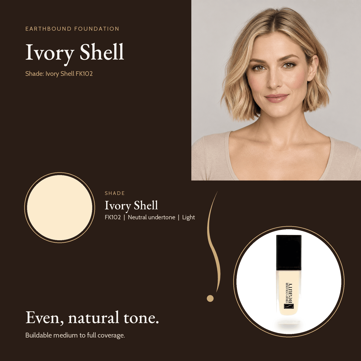 Earthbound Liquid Foundation Ivory Shell shade card with model