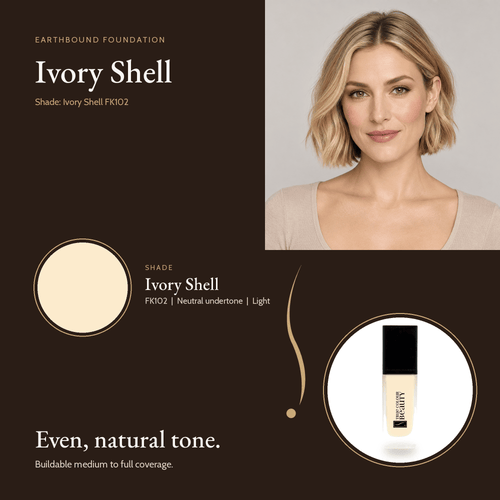 Earthbound Liquid Foundation Ivory Shell shade card with model