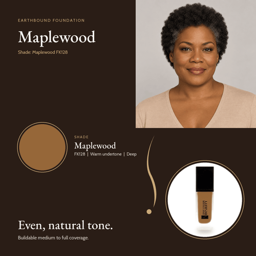Earthbound Liquid Foundation Maplewood shade card with model