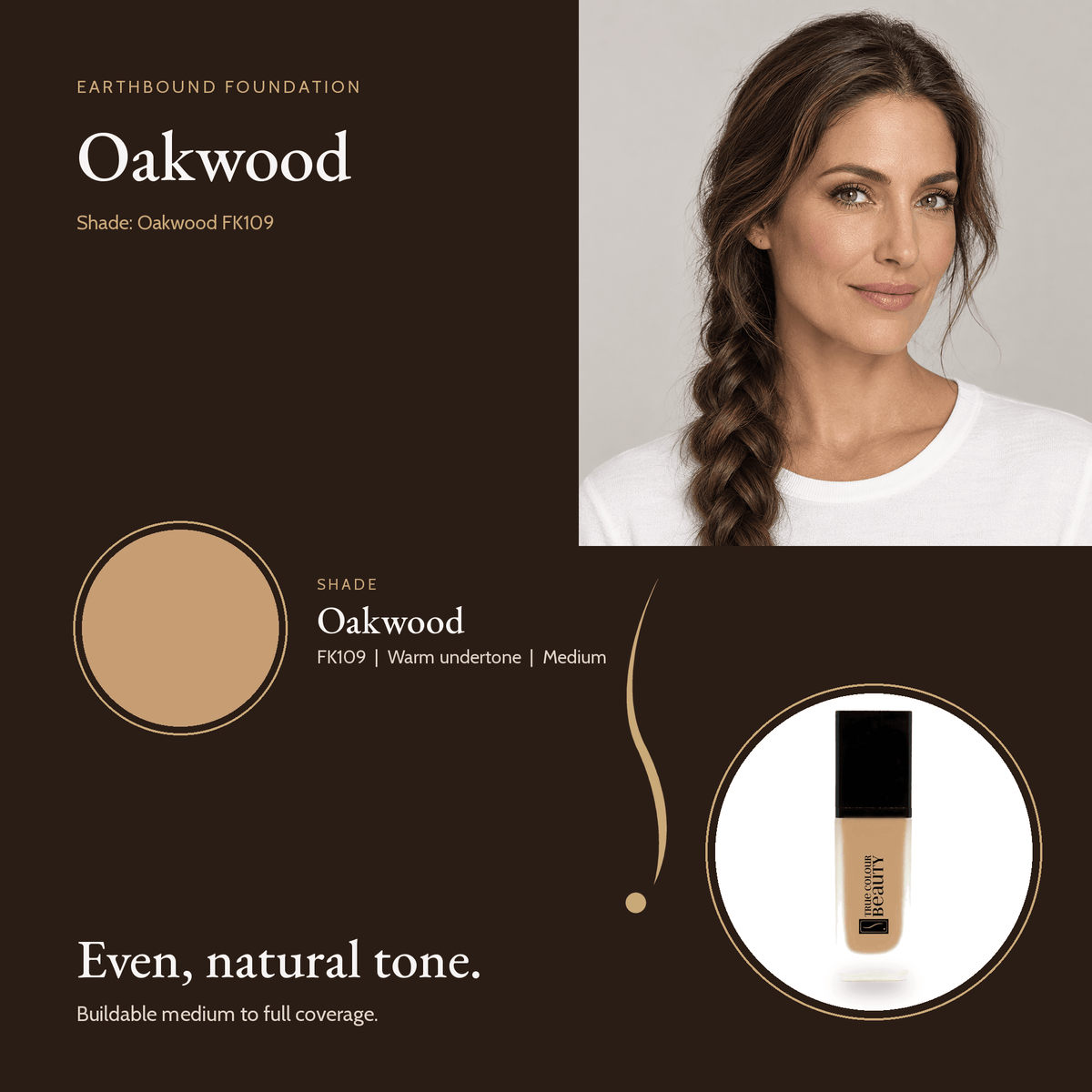 Earthbound Liquid Foundation Oakwood shade card with model