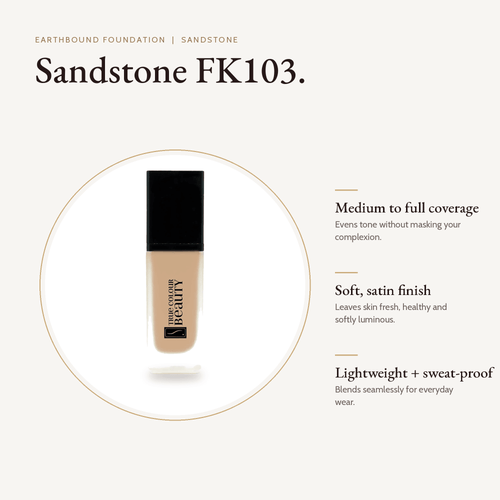 Earthbound Liquid Foundation Sandstone bottle with key benefits