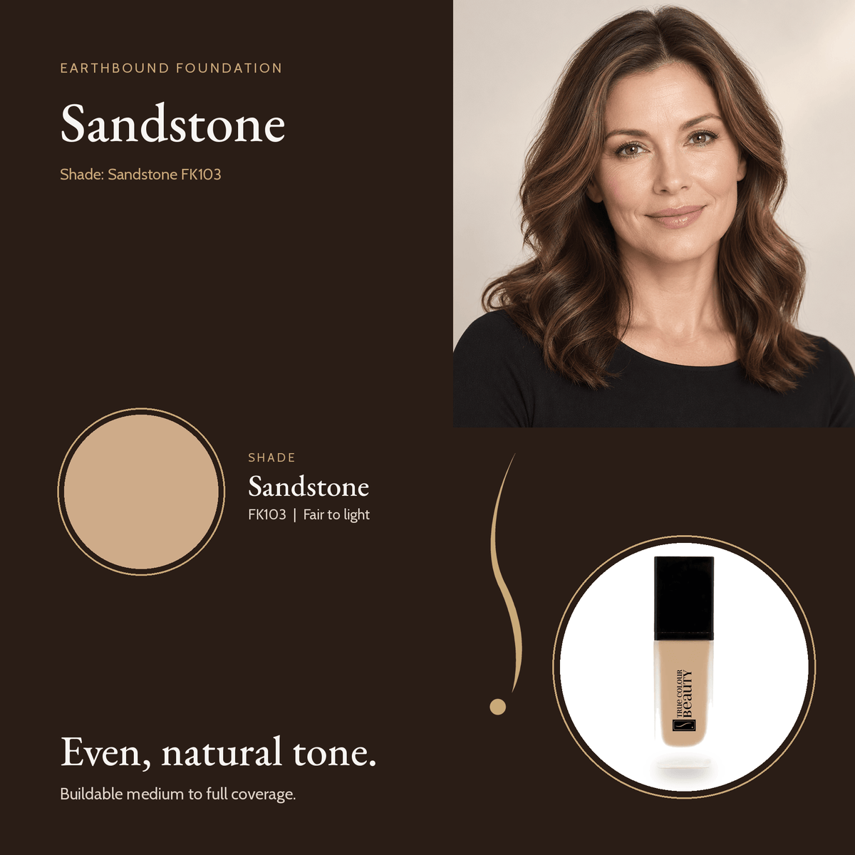 Earthbound Liquid Foundation Sandstone shade card with model