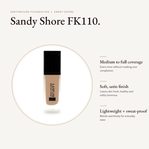 Earthbound Liquid Foundation Sandy Shore bottle with key benefits