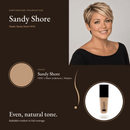 Earthbound Liquid Foundation Sandy Shore shade card with model